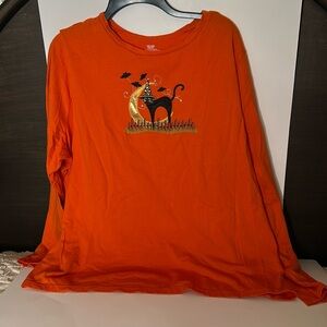 Ladies Vintage Orange L/S Halloween T Shirt Black Cat Appliqué Size 22/24. (3XL)